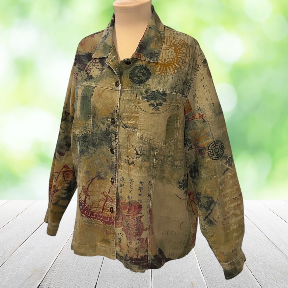 Vintage CHICOS Corduroy Button Up Shirt Artwear Asian Print Shacket Size 2 (L)